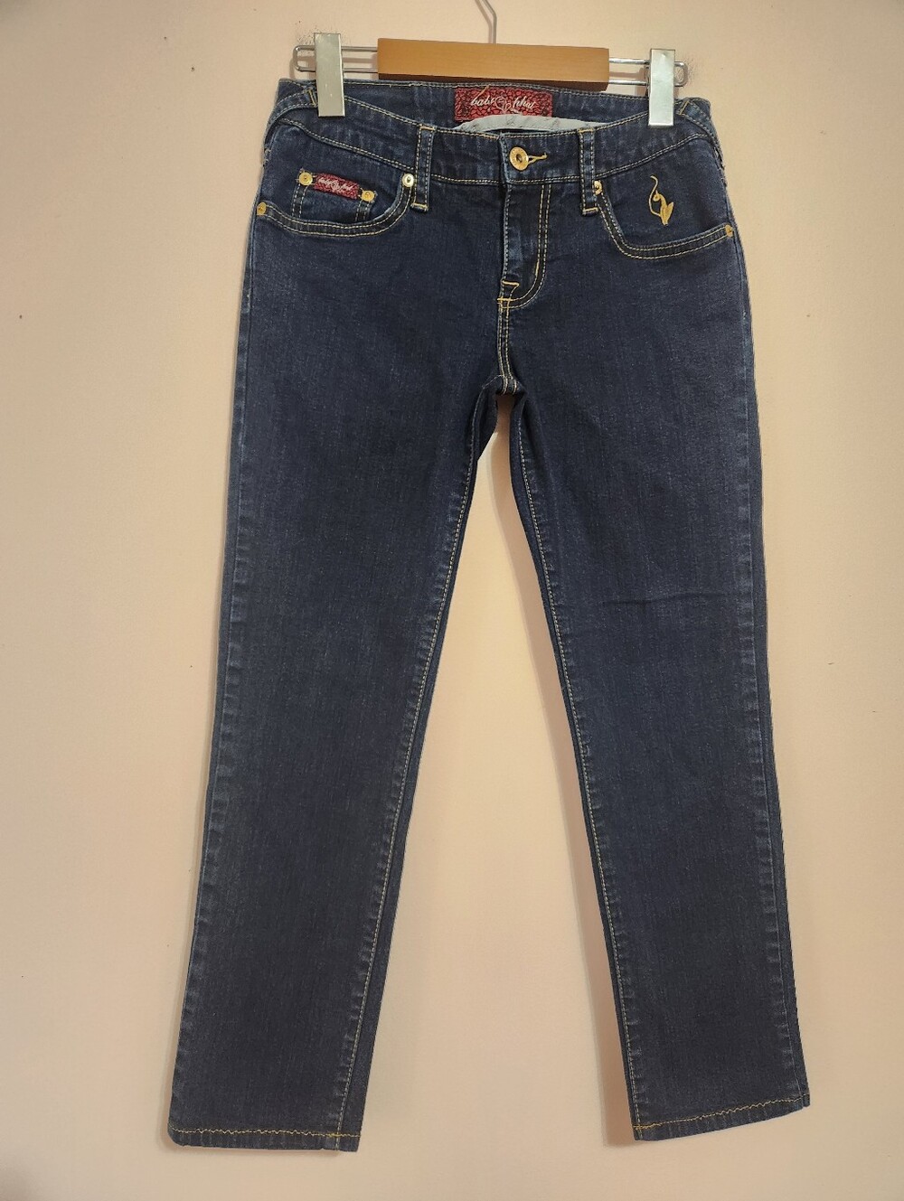 Vintage Baby Phat Y2K Dark Wash Gold Embroidered Cat Logo Cropped Jeans Sz 3/26